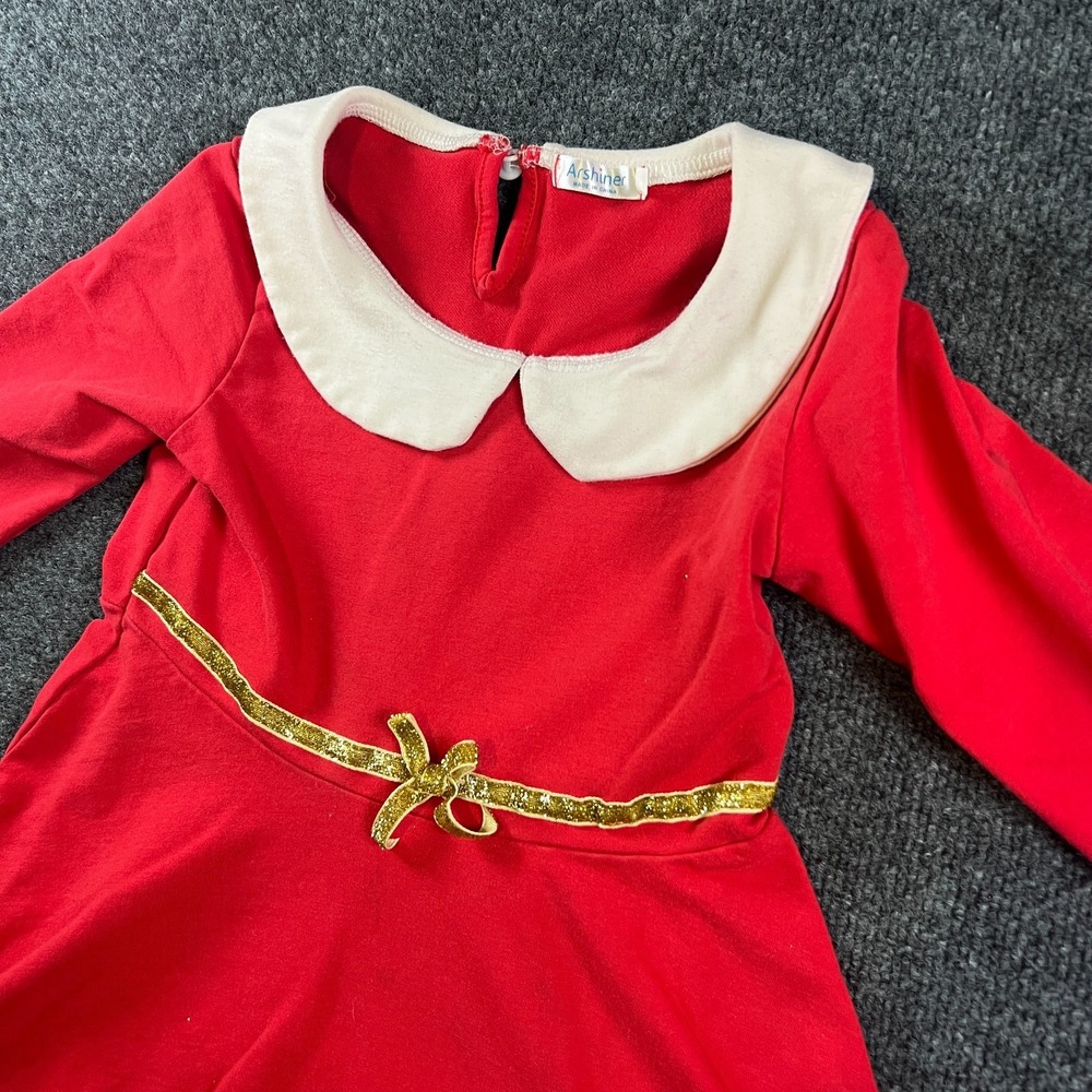 Arshiner Christmas Dress Girls 130 Red Cotton Gold Bow Peter Pan Collar Holiday‎
